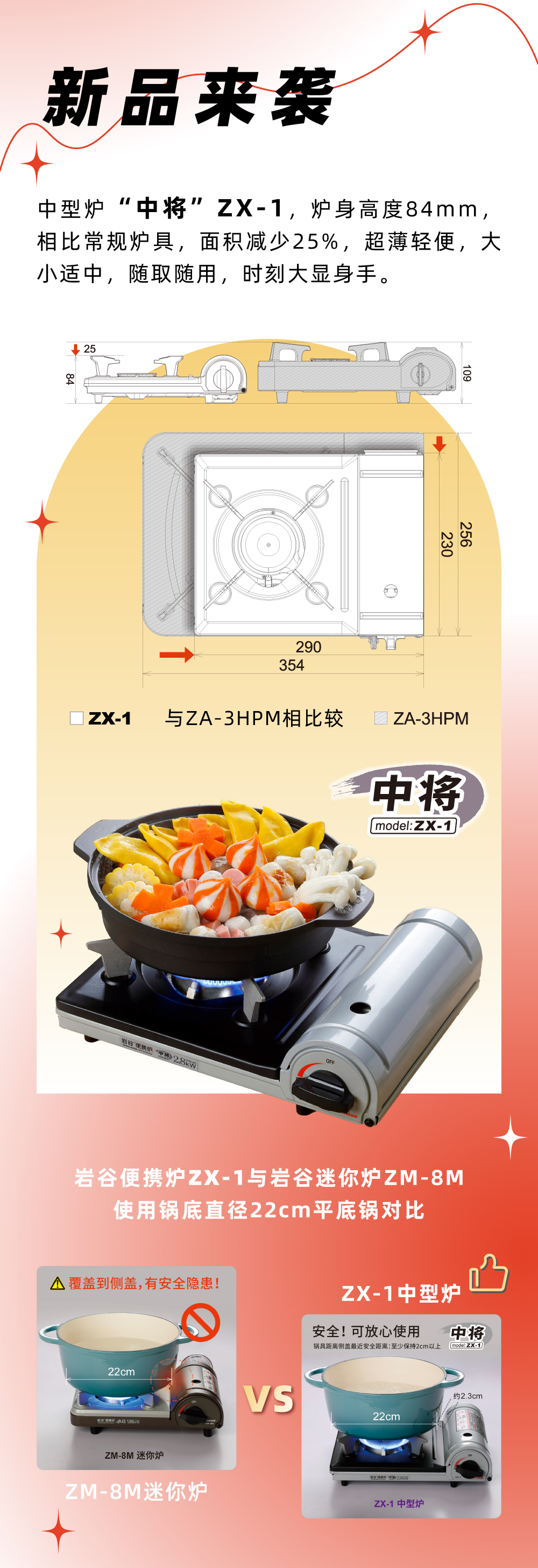 岩谷便攜爐ZX-1，爐身高(gao)度84mm，相比常規爐具(ju)，面積減少25%，
超薄輕便，大(da)小(xiǎo)适中(zhong)，随取随用(yong)，時刻大(da)顯身手。